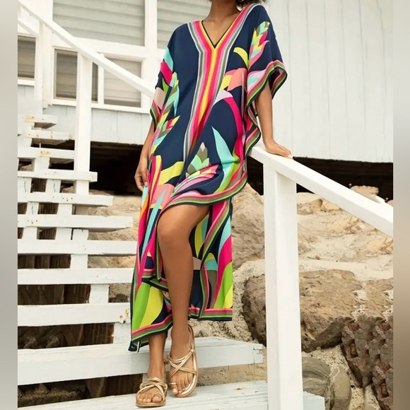 Boho V Neck Multicolor Maxi Kaftan Cover Up Dress - Picture 3 of 12
